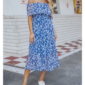 Cool Blue Floral Off-The Shoulder MIDI DRESS